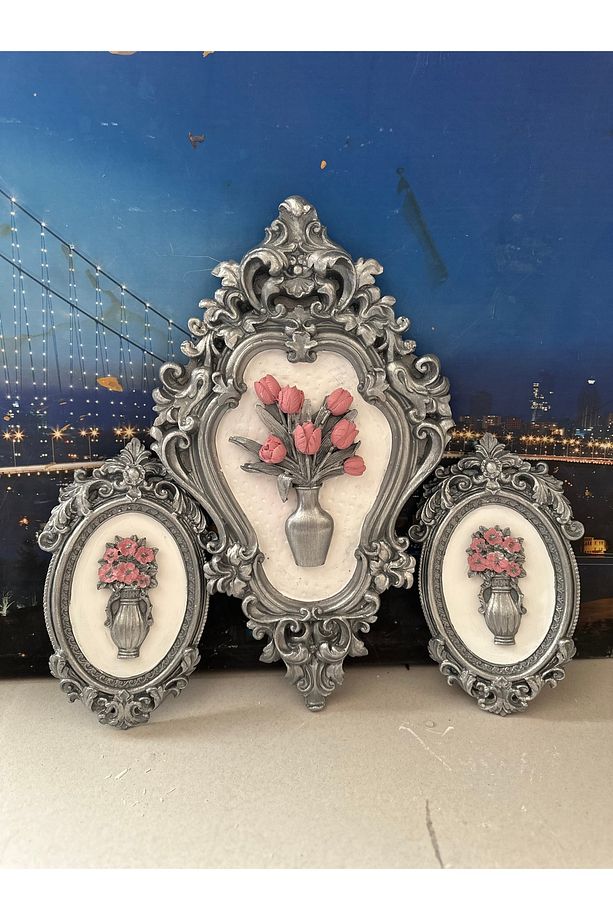 Çiçekli duvar tablosu el yapımı dekoratif tablo 3lü set - 3