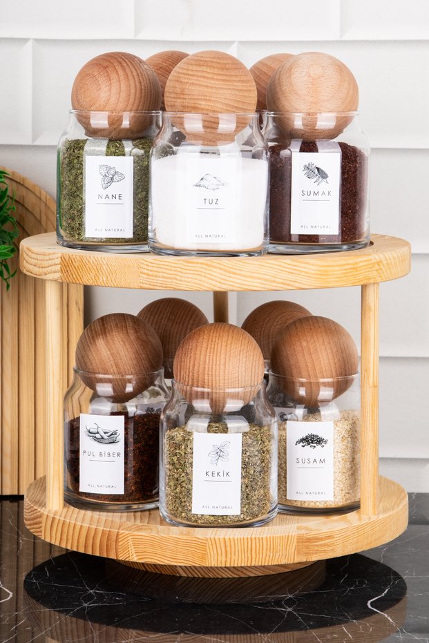 Set of 10 Natural Wood Ball Lids Rotating Stand Labeled Glass Seasoning Dishes Jar Set 300ml