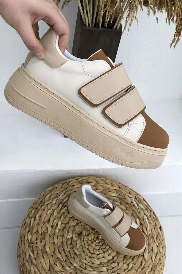 Kalın Tabanlı Çift Cırtlı Taba Spor Ayakkabı Günlük Ayakkabı Sneaker - 1
