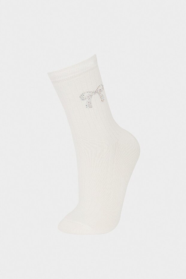 Women's Seamless Shiny Ribbon Printed Combed Cotton Premium Long Socks E8522Axns
