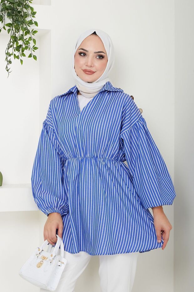 Women's Cobalt Blue White Striped Satin Hijab Shirt with Elastic Waist