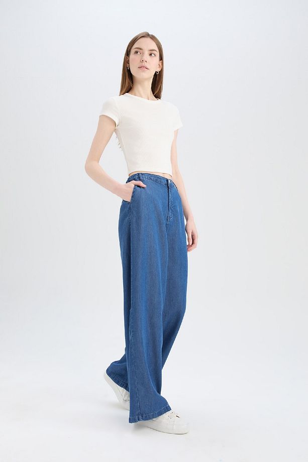 Pull On Wide Leg Yüksek Bel Uzun Yumuşak Jean Yıkamalı Pantolon D8239AX25SM - 2