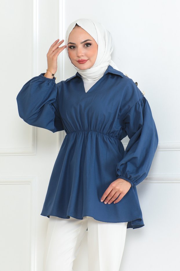 Women's Indigo Blue Satin Waist Elastic Shoulders Buttoned Flounce Skirt Detailed V-Neck Hijab Shirt