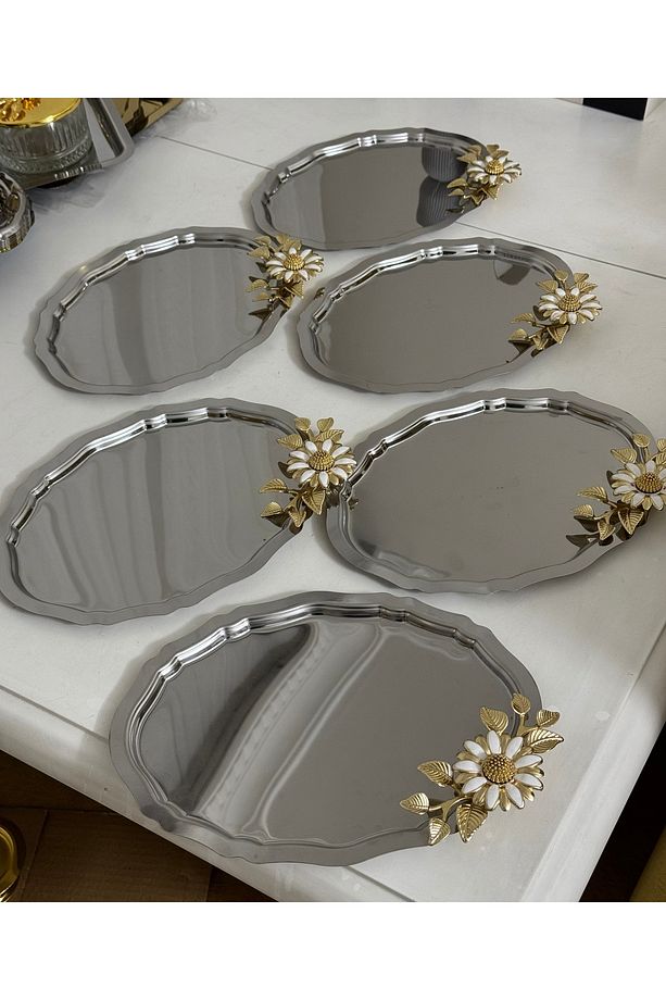 ÇELİK OVAL MODEL 6 ADET BÜYÜK PAPATYALI SERVİS VE SUNUM TEPSİSİ - 1
