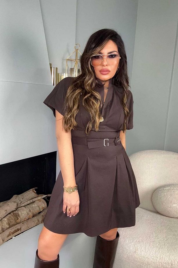 Poplin Kumaş Kemerli Elbise Acı Kahve - 1