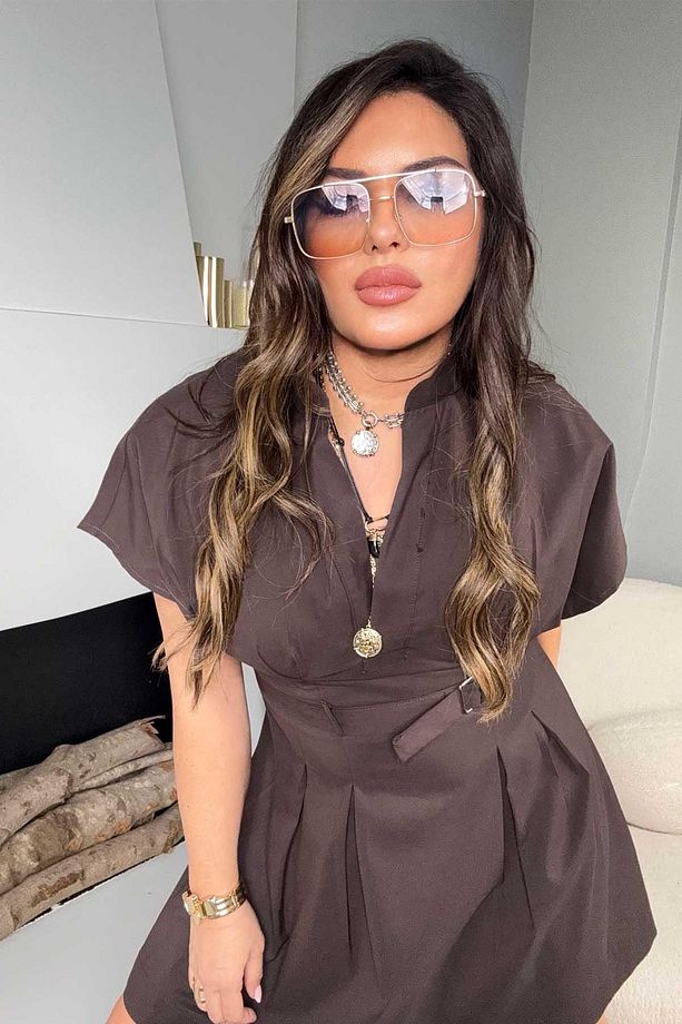 Poplin Kumaş Kemerli Elbise Acı Kahve - 3