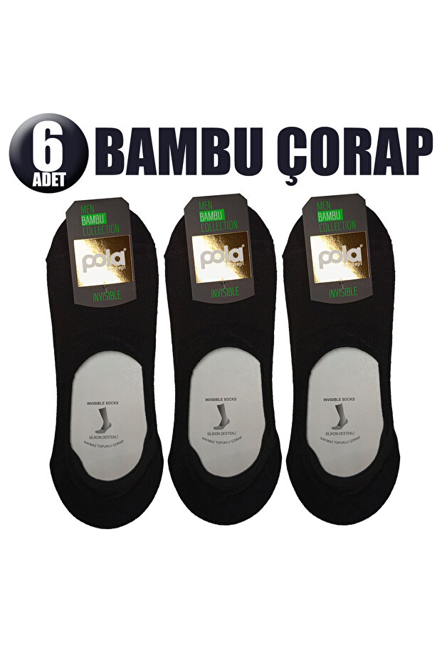 6 Pcs Silicone Supported Black Men's Bamboo Invisible Ballerina Socks