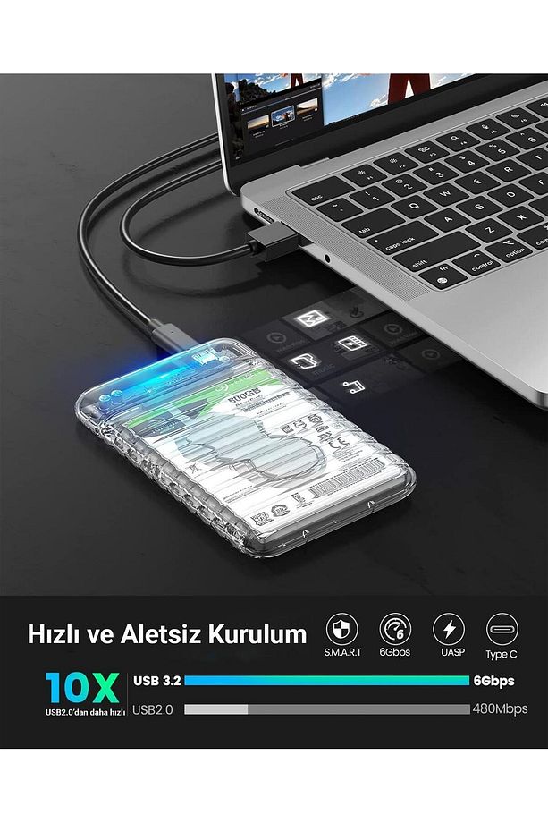 Usb3.2 Gen2 6gbps Type-c 2.5” Inch Sata Ssd Hard Disk Kutusu Şeffaf - 3