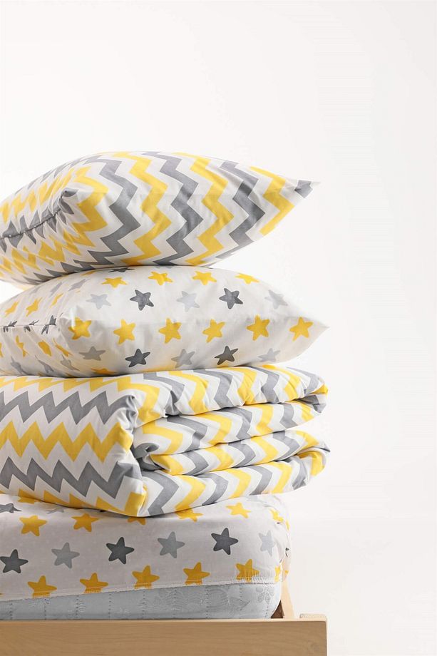 Zigzag Desenli Lastikli Çarşaflı Pamuklu Tek Kişilik Nevresim Takımı - Sarı - 6