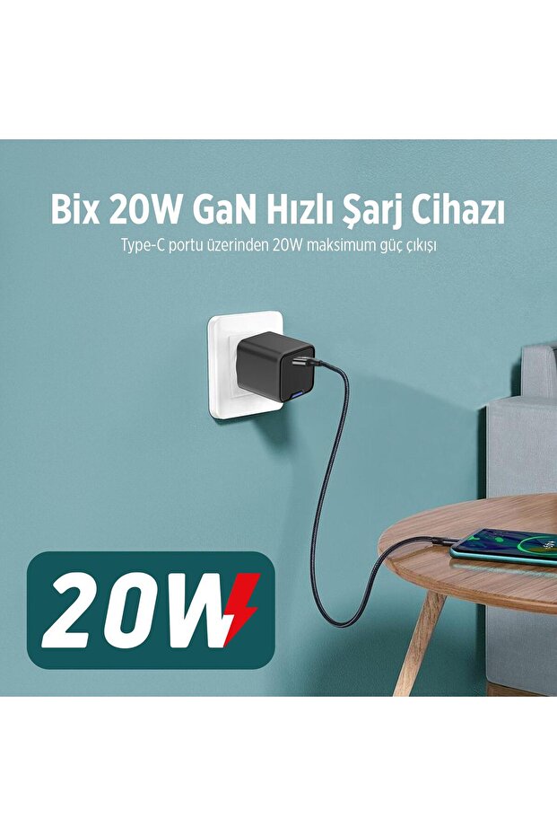 20w Gan Usb-c Hızlı Şarj Adaptörü Iphone, Android Ve Ipad Uyumlu Type-c Pd Şarj Aleti Siyah - 6