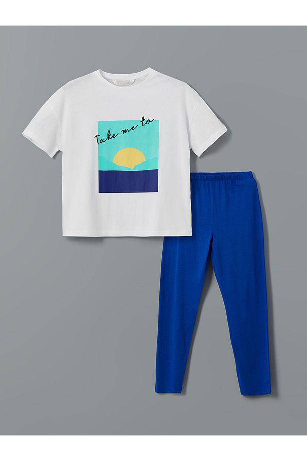 LCW DREAM Mavi Bisiklet Yaka Baskılı Kadın Pijama Takımı - 5
