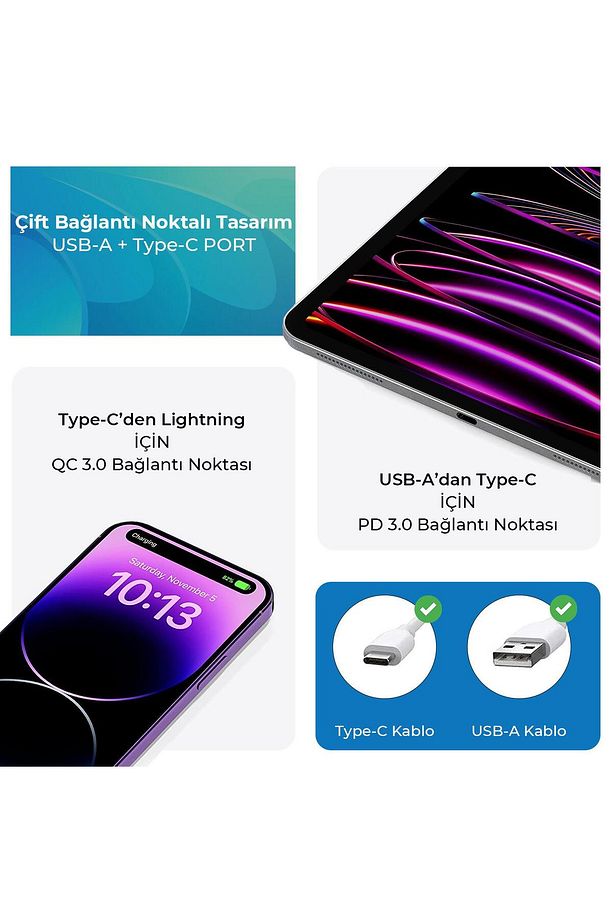 20w Type-c Pd Ve 18w Usb Qc 3.0 Çift Portlu Hızlı Şarj Cihazı - 4