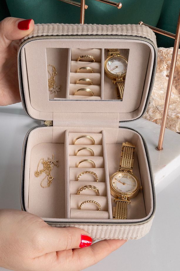 Kare Aynalı Ekru Fitili Kadife Mücevher, Organizer, Takı Kutusu 12 X 12 X 5 Cm - 5