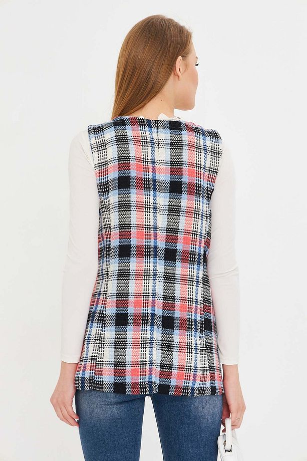 Kadın Bebe Mavi V Yaka Tek Düğmeli Oversize Ekoseli Yelek ARM-25K001111 - 5