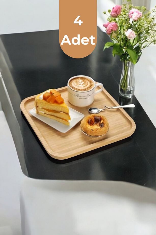 4 Adet Bambu Kare Servis Tabağı, Sunum Seti Tabak (20x20 cm) - 1