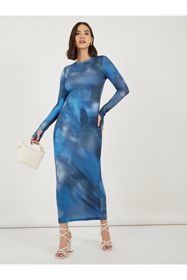 Tie and Dye Print Long Sleeves Bodycon Maxi Dress