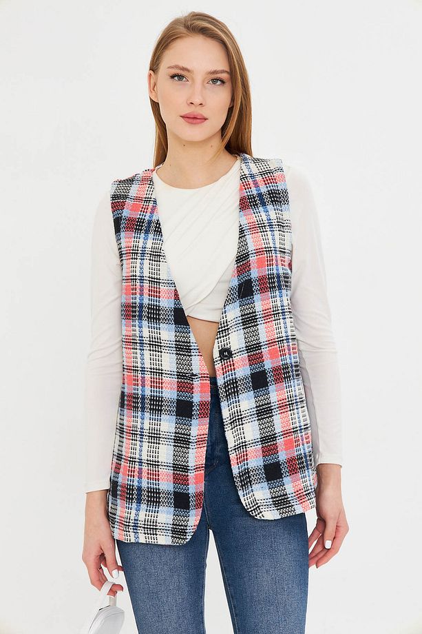 Kadın Bebe Mavi V Yaka Tek Düğmeli Oversize Ekoseli Yelek ARM-25K001111 - 1
