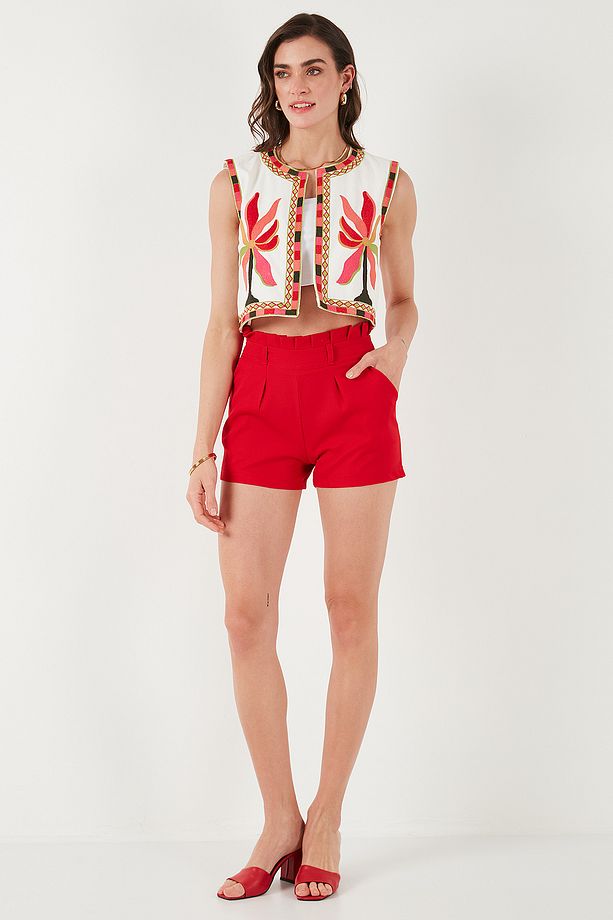 Pamuklu Regular Fit Çiçekli Nakış İşlemeli Crop Yelek YELEK 676291 - 3