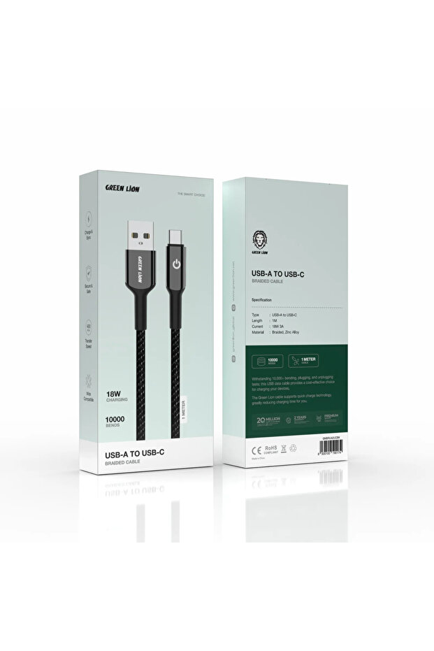 Usb-A To Usb-C Braided Cable 18W 1M - Black