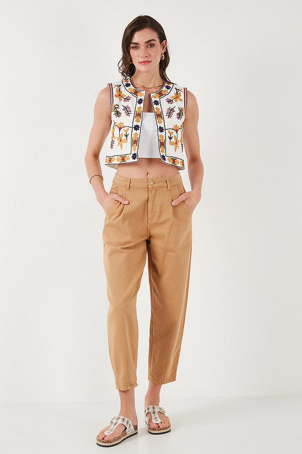 Pamuklu Regular Fit Çiçekli Nakış işlemeli Crop Yelek YELEK 676237 - 3