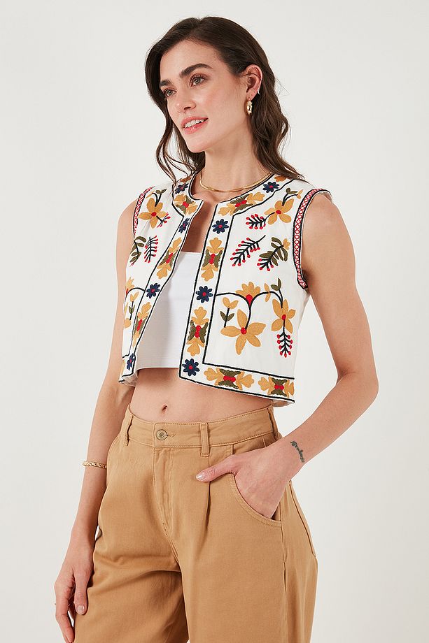 Pamuklu Regular Fit Çiçekli Nakış işlemeli Crop Yelek YELEK 676237 - 4