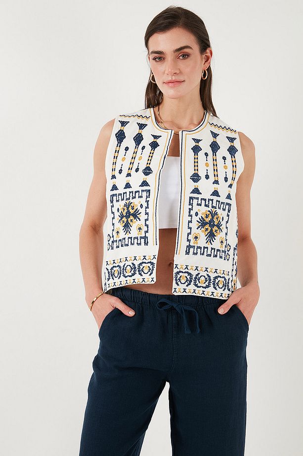 Pamuklu Regular Fit Çiçekli Nakış İşlemeli Yelek YELEK 676293 - 5