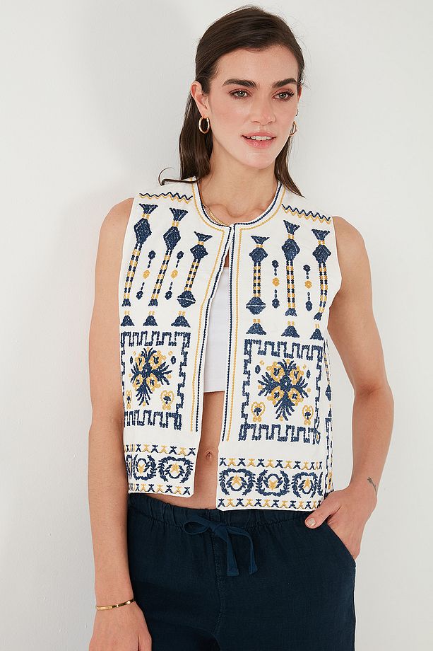 Pamuklu Regular Fit Çiçekli Nakış İşlemeli Yelek YELEK 676293 - 7