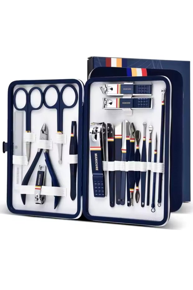 19-Piece Navy Blue, Glass-Embossed Stainless Steel Manicure Pedicure Hand-Foot-Facial Care Set in Special Box