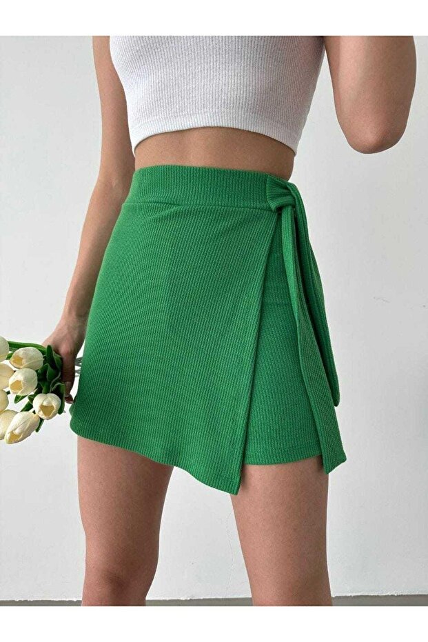 Fitilli Yandan Bağlama Detaylı Şort Etek - 2