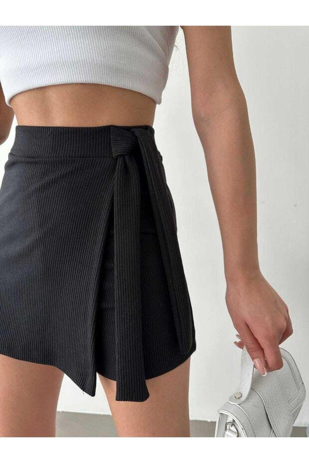 Fitilli Yandan Bağlama Detaylı Şort Etek - 2