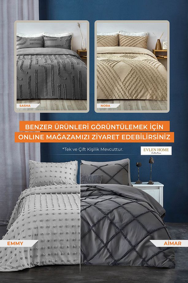Pamuklu Emmy Yatak Örtüsü Seti Tek Kişilik Günlük Boho Çift Taraflı 2 Parça Dolgulu Tufting Bej - 6