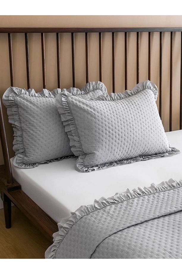 LCW HOME Gri Fırfır Detaylı Çift Kişilik Yatak Örtüsü Seti 200x220 cm - 2