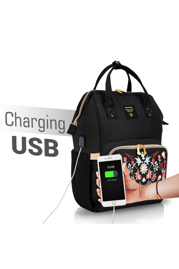 Diaper Bag with USB Charging Port and Changing Mat - Black - 2