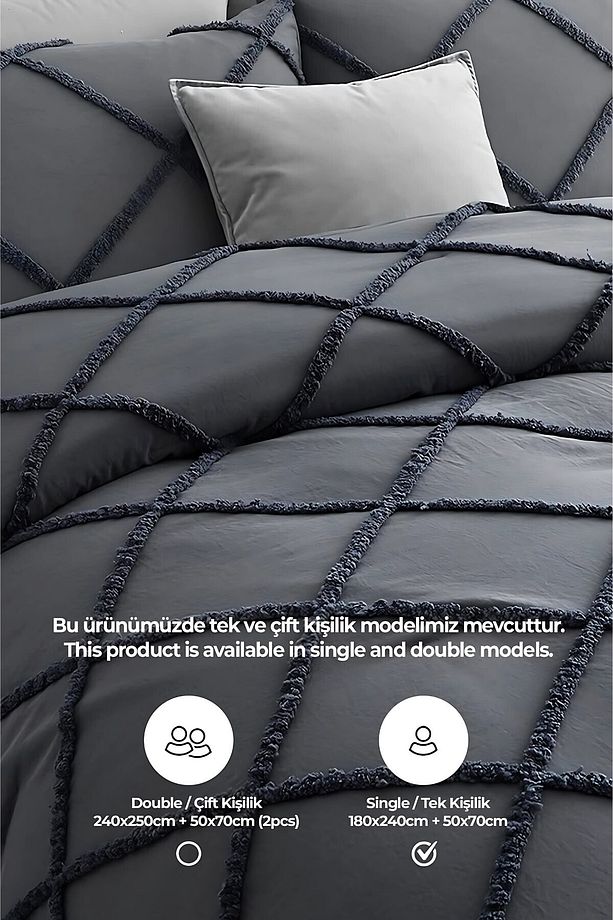 Pamuklu Aimar Yatak Örtüsü Seti Tek Kişilik Günlük Çift Taraflı Boho 2 Parça Elyaf Dolgulu Antrasit - 5