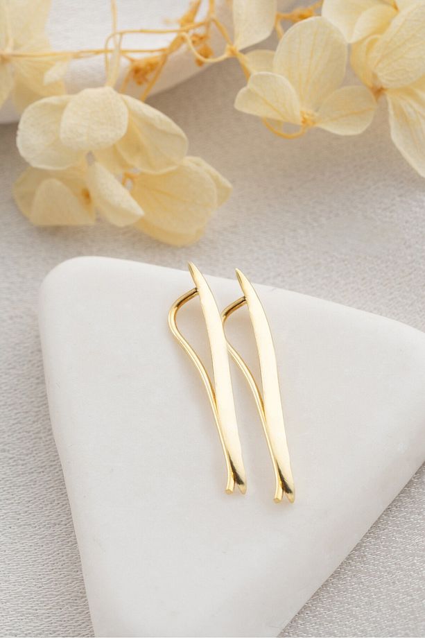 925 Ayar Gümüş Gold Kaplama Dalgalı Çubuk Model Küpe - 1