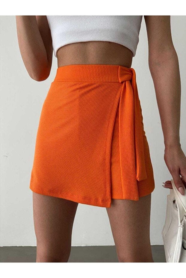 Fitilli Yandan Bağlama Detaylı Şort Etek - 2