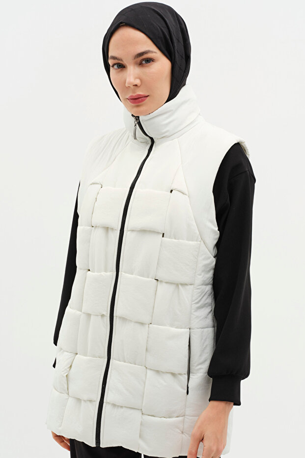 Örgü Model Kapitone Yelek - Ekru - 4