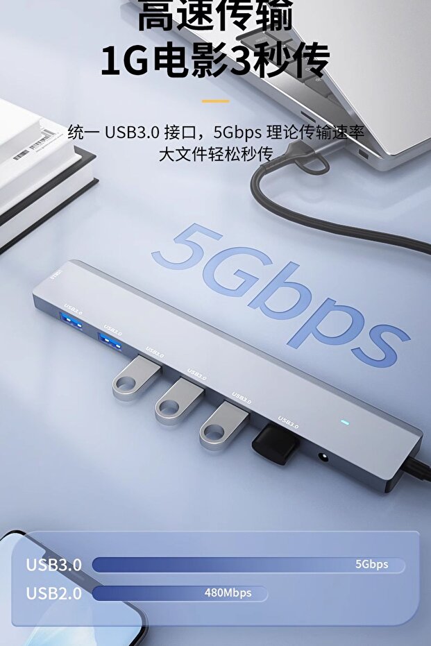 7in1 Type-C/USB to USB Çoklayıcı 7 Port USB3.0 HUB Power Güç Destekli 5Gbps High Speed - 5