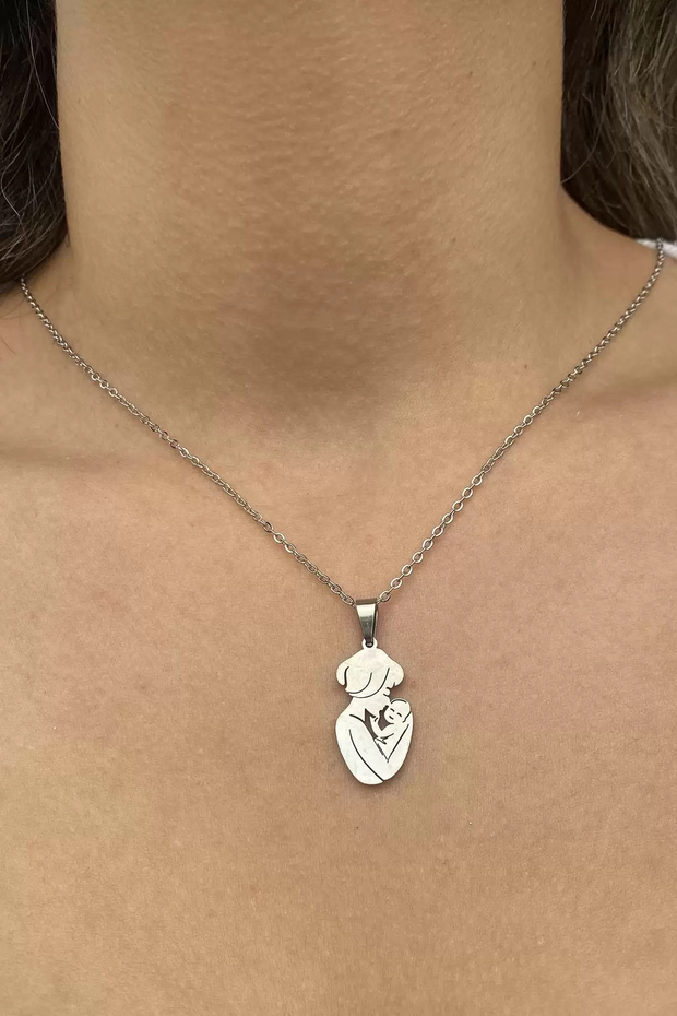 Anne Çocuk Figürlü Çelik Kolye - 1