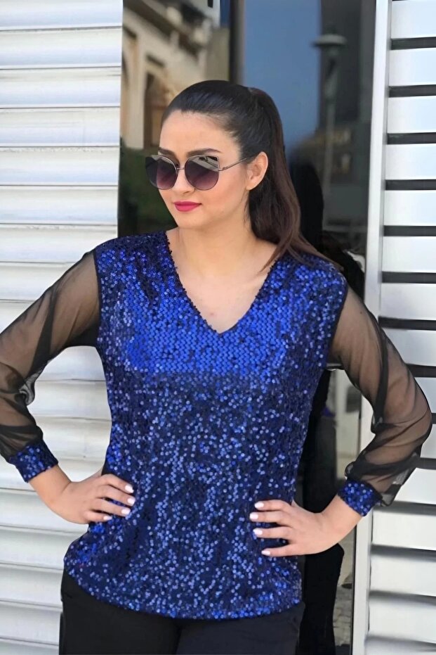 Pullu Kolları Tül Bluz - 1