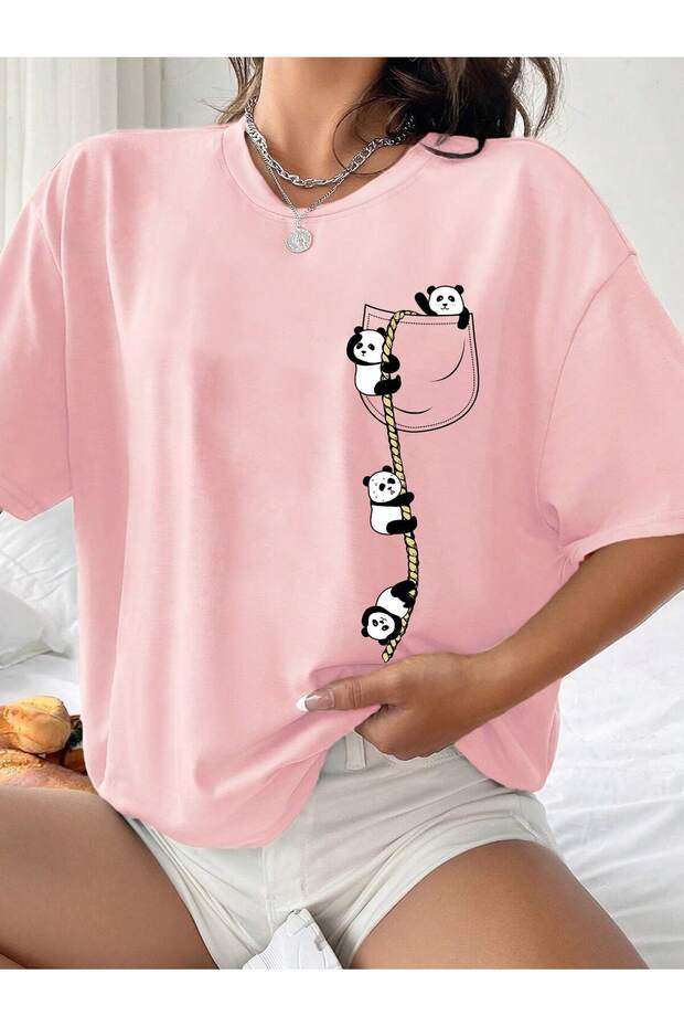 Women's Oversize Salas T-Shirt Boyfriend with Panda Print on Pocket