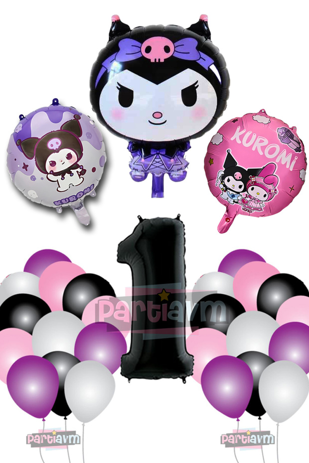 1 Year Old Kuromi Theme Balloon Pink Black White Purple Balloon - Black Number Balloon and Printed Foil Balloon