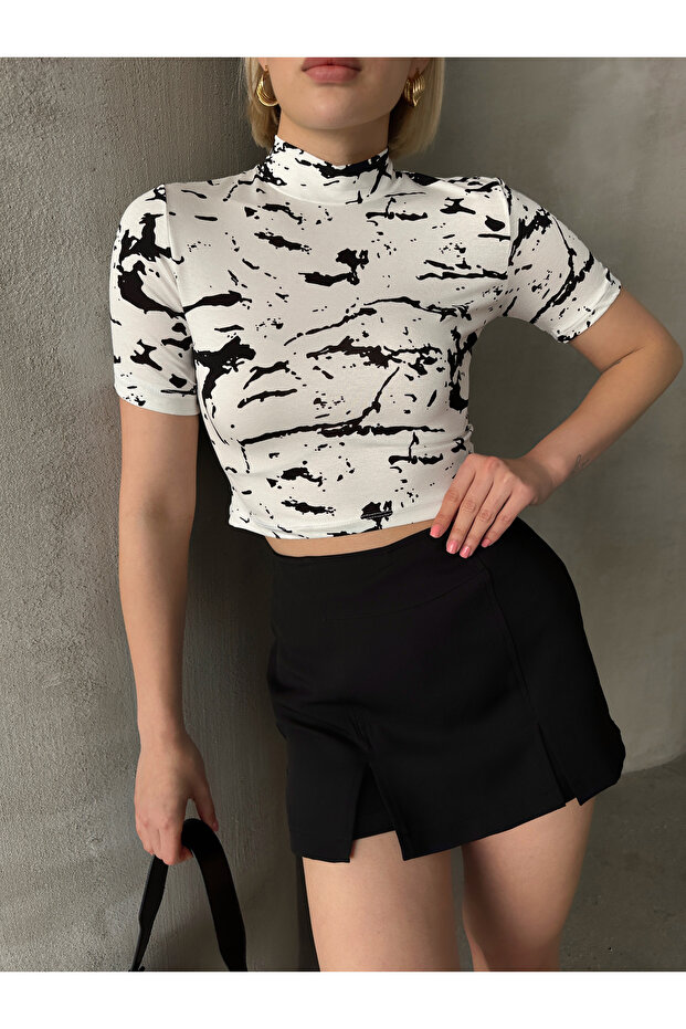 Women's White Marble Stand Collar Short Sleeve Viscose Cropped Blouse