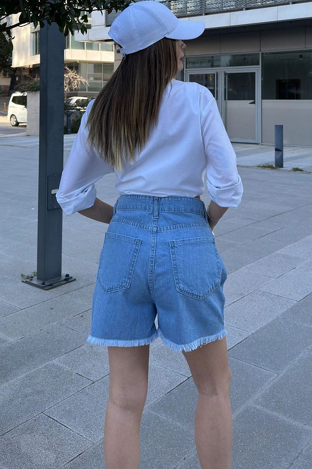 Kadın Mavi Püsküllü Paça, Yüksek Bel, Rahat Denim-Kot Şort - 4