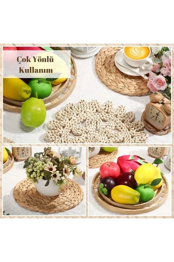 7 Parça Rattan Bambu Hasır Duvar Sepeti Bohem Hasır Duvar Süsü 7'li Hediyelik Supla Seti - 5