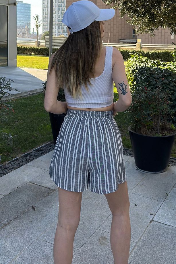 Kadın Laci Beli Lastikli Ve Bağcıklı, Color Block Kat Kumaşlı Tasarım, Keten Şort - 5