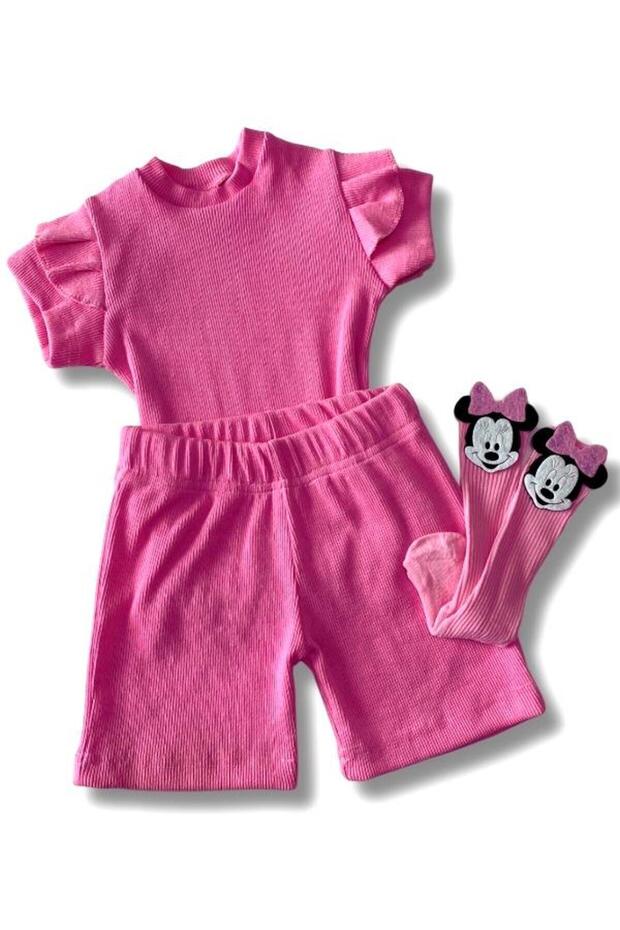 3-Piece Pink Baby Shorts Set with Adorable Characters - 100% Cotton, Comfortable and Flexible