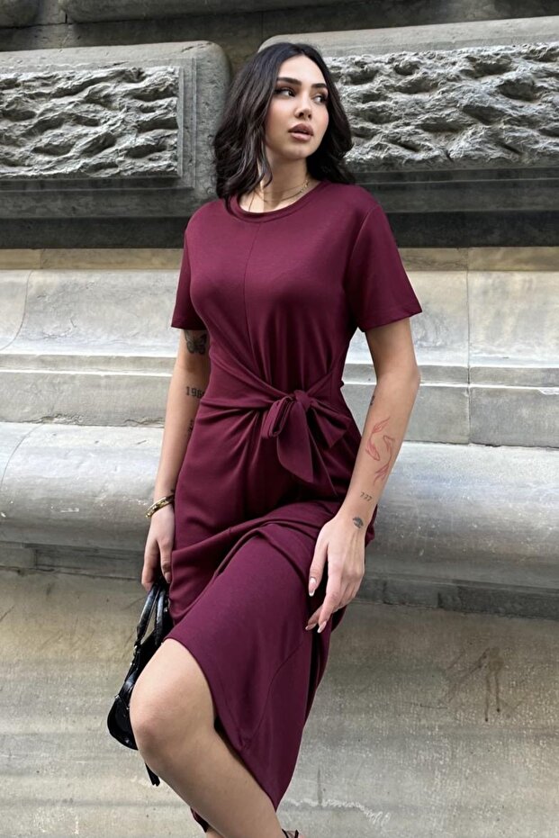 Women's Crew Neck Short Sleeve Front Tie Detail Modal Fabric Midi Dress