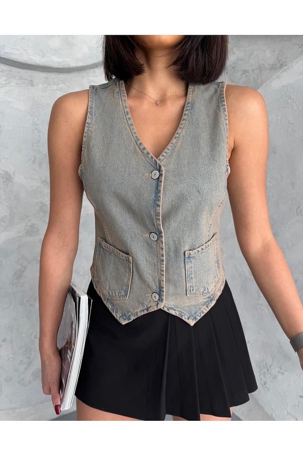 DÜĞMELİ V YAKA KAHVE TİNT DENIM YELEK - 7