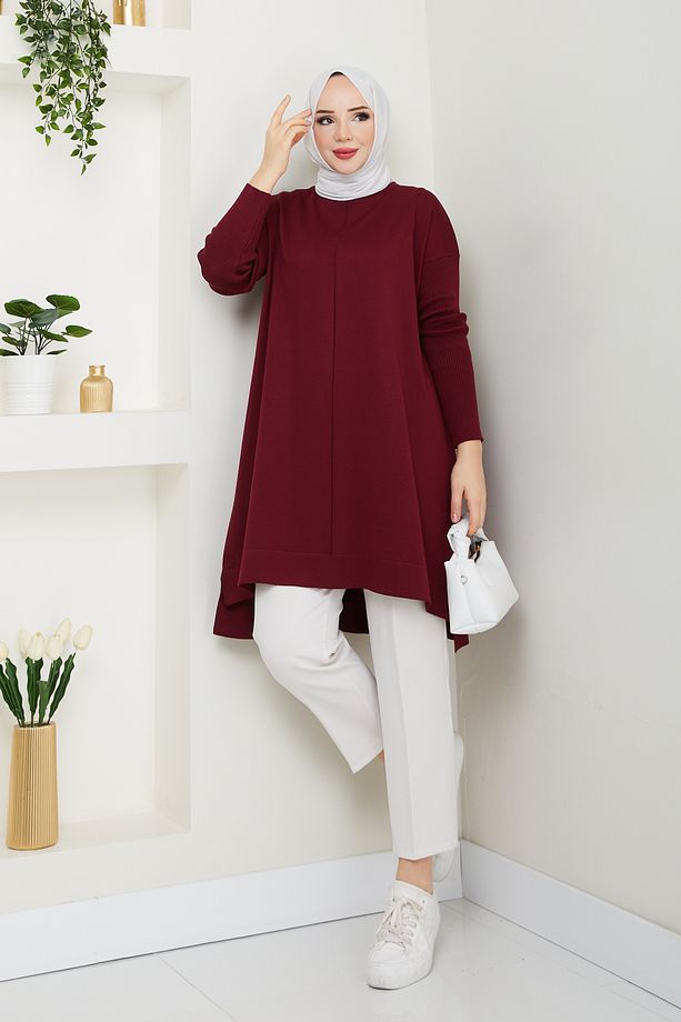 Kadın Merserize Triko Kazak Tunik Bordo - 3
